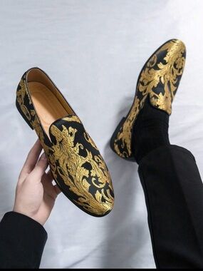 Black and Gold Embroidered Men's Slip-On Loafers